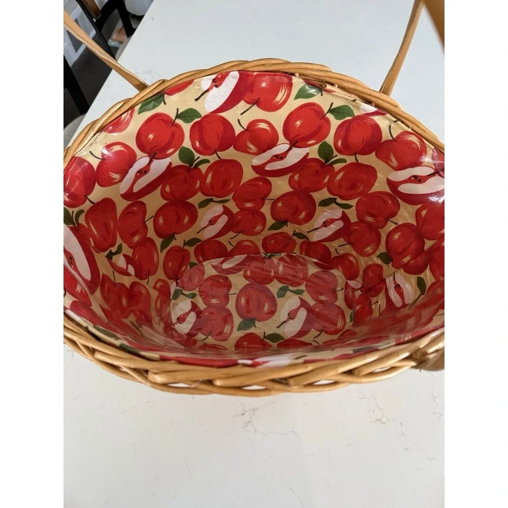 Vintage Woven Cane Oval Basket Apple Vinyl Liner Faux Leather Handles 90's EUC
